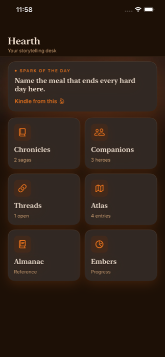 EmberQuill Hearth screen with sections for Chronicles, Companions, Threads, Atlas, Almanac and Embers