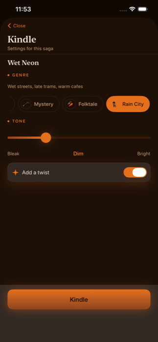 Kindle sheet with genre and tone choices